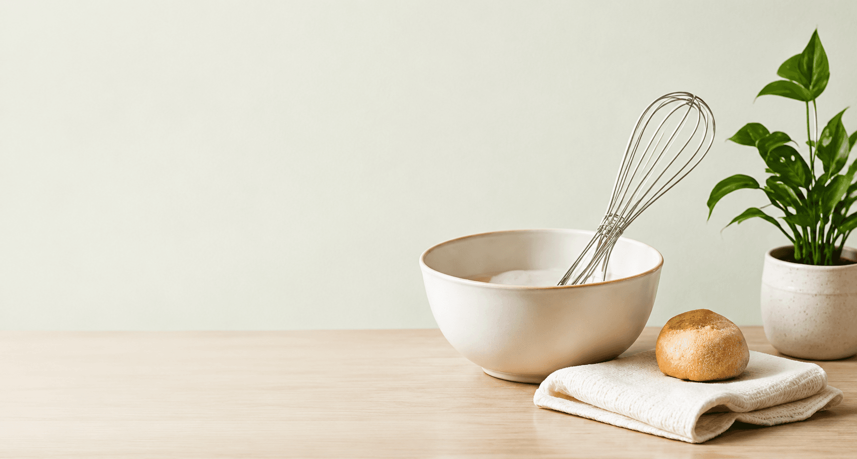 Mixing bowl with a whisk beside a potted plant on a wooden counter