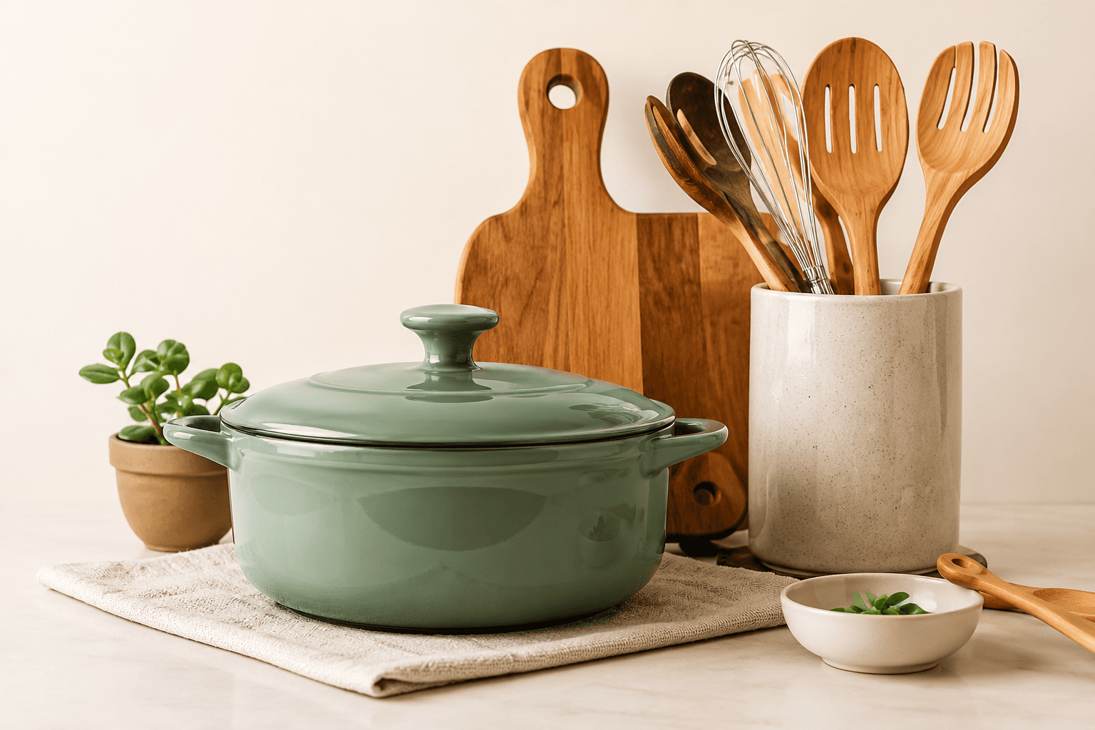 Sage green pot, cutting board and wooden utensils on a kitchen counter