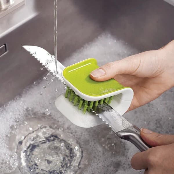 Green Double Sided Bristle Scrubber - Non-Slip Blade Brush For Knife & Cutlery Cleaning